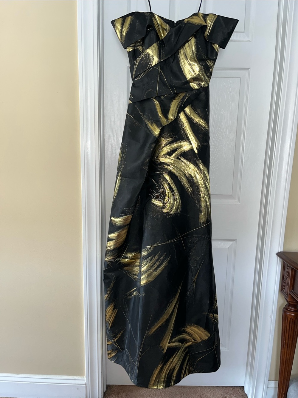 Rene Ruiz Black Strapless Gown with Gold Brushstroke Accents size 4